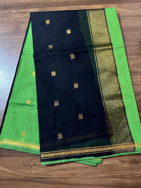 Luna Silk Cotton Saree - Green & Black With Gold Zari