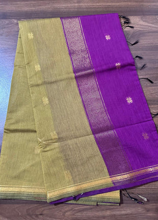 Luna Silk Cotton - Olive Green & Purple With Gold Zari