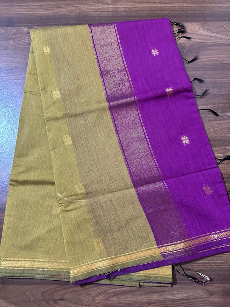 Luna Silk Cotton - Olive Green & Purple With Gold Zari