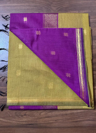 Luna Silk Cotton - Olive Green & Purple With Gold Zari