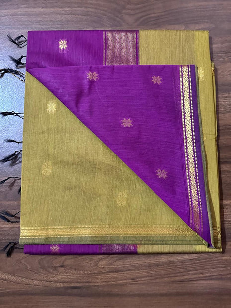 Luna Silk Cotton - Olive Green & Purple With Gold Zari