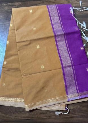 Luna Silk Cotton - Beidge & Purple With Gold Zari