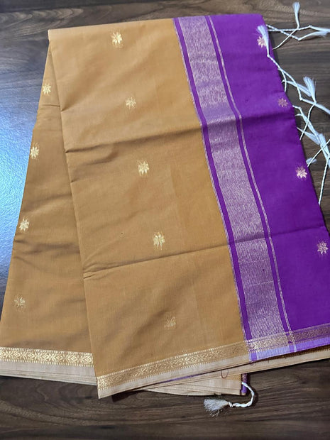 Luna Silk Cotton - Beidge & Purple With Gold Zari
