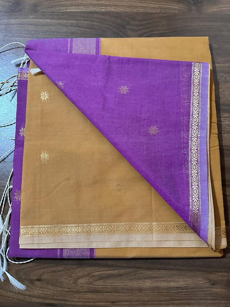 Luna Silk Cotton - Beidge & Purple With Gold Zari