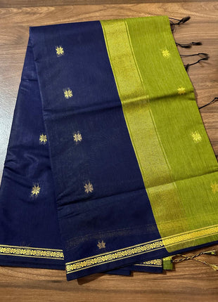 Luna Silk Cotton - Navy blue & Parrot Green With Gold Zari