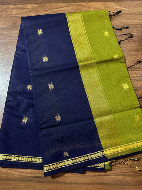 Luna Silk Cotton - Navy blue & Parrot Green With Gold Zari