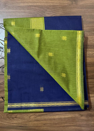 Luna Silk Cotton - Navy blue & Parrot Green With Gold Zari