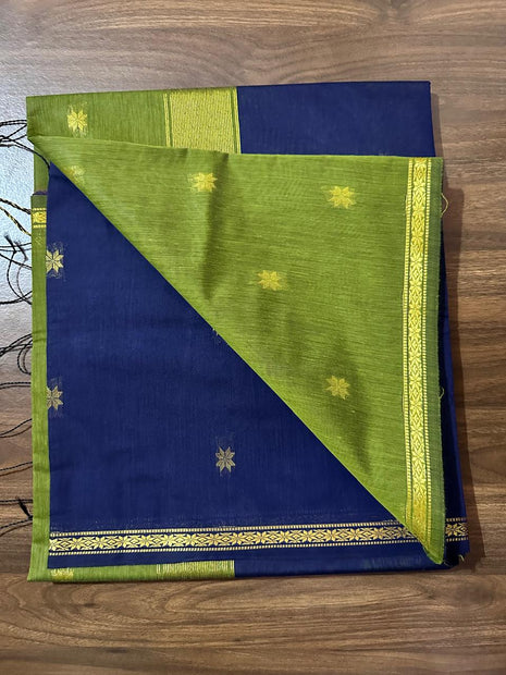 Luna Silk Cotton - Navy blue & Parrot Green With Gold Zari