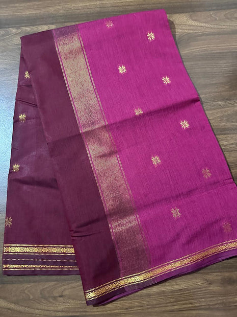 Luna Silk Cotton Saree - Wine Maroon & Magenta With Gold Zari