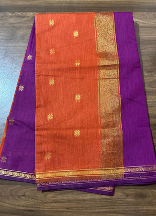 Luna Silk Cotton Sarees - Orange & Purple With Gold Zari