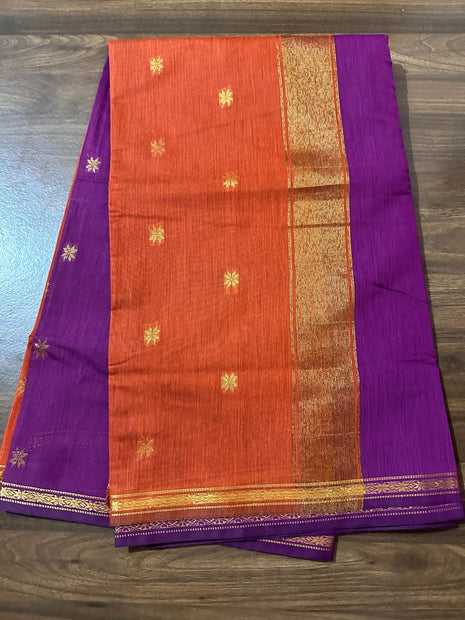 Luna Silk Cotton Sarees - Orange & Purple With Gold Zari