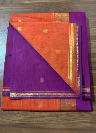 Luna Silk Cotton Sarees - Orange & Purple With Gold Zari