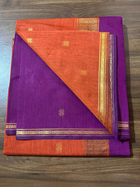 Luna Silk Cotton Sarees - Orange & Purple With Gold Zari