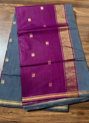 Luna Silk Cotton Saree - Grey & Meganta With Zari