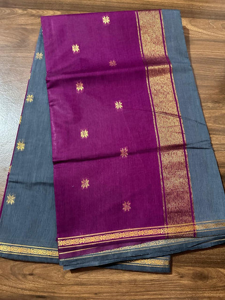 Luna Silk Cotton Saree - Grey & Meganta With Zari