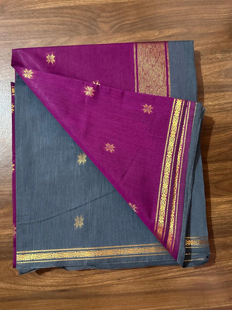 Luna Silk Cotton Saree - Grey & Meganta With Zari