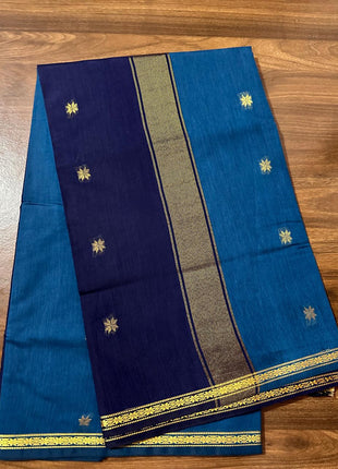 Luna Silk Cotton Saree - Blue & Navy Blue With Zari