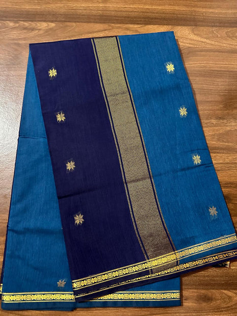 Luna Silk Cotton Saree - Blue & Navy Blue With Zari