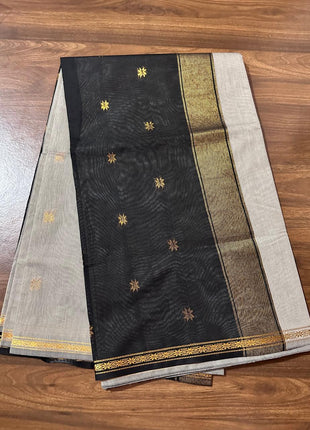 Luna Silk Cotton Saree - Light Grey & Black With Zari