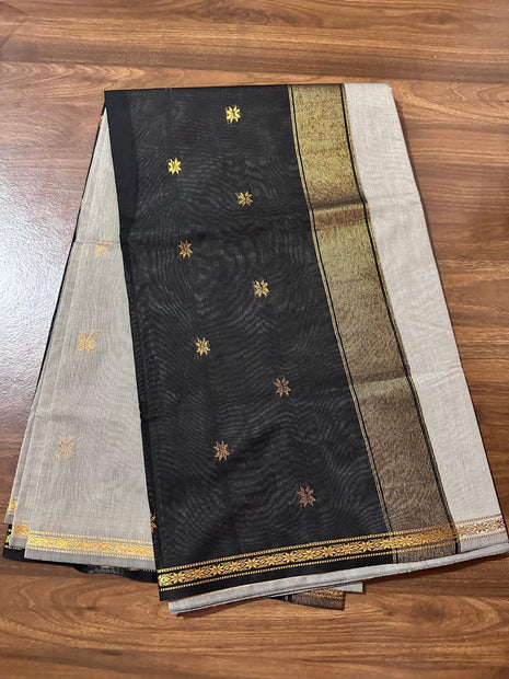 Luna Silk Cotton Saree - Light Grey & Black With Zari