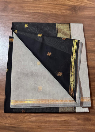 Luna Silk Cotton Saree - Light Grey & Black With Zari