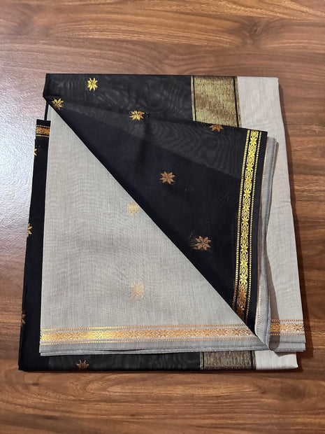 Luna Silk Cotton Saree - Light Grey & Black With Zari
