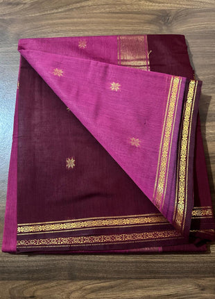 Luna Silk Cotton Saree - Wine Maroon & Magenta With Gold Zari