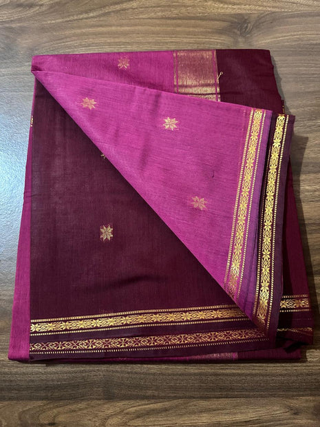 Luna Silk Cotton Saree - Wine Maroon & Magenta With Gold Zari