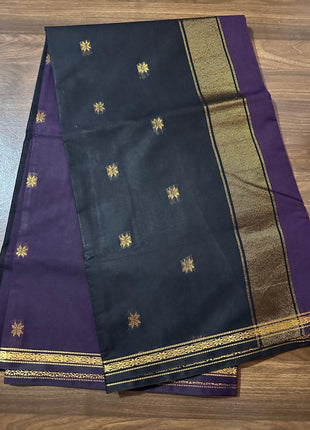 Luna SIlk Cotton Saree - Deep Purple & Black With Gold Zari