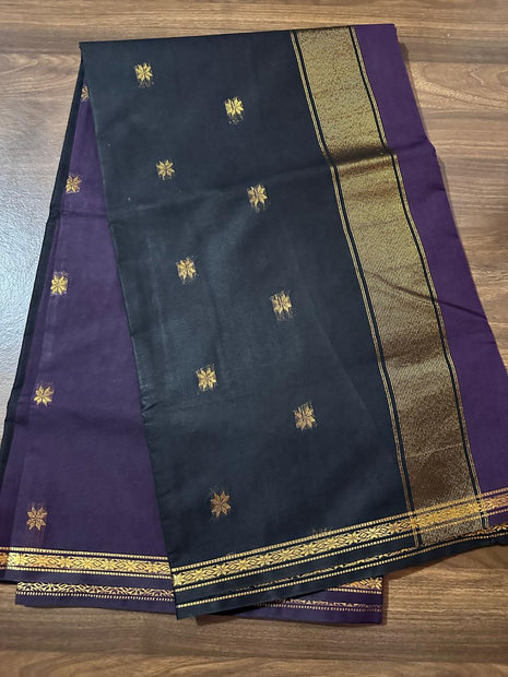 Luna SIlk Cotton Saree - Deep Purple & Black With Gold Zari
