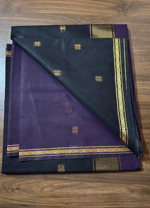 Luna SIlk Cotton Saree - Deep Purple & Black With Gold Zari