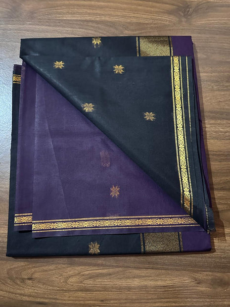 Luna SIlk Cotton Saree - Deep Purple & Black With Gold Zari