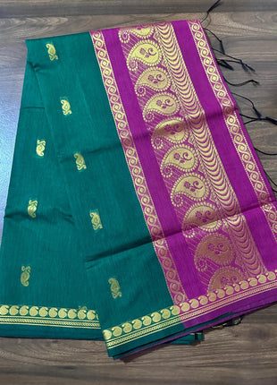 Luna Silk Cotton Saree - Green With Magenta With Gold Zari