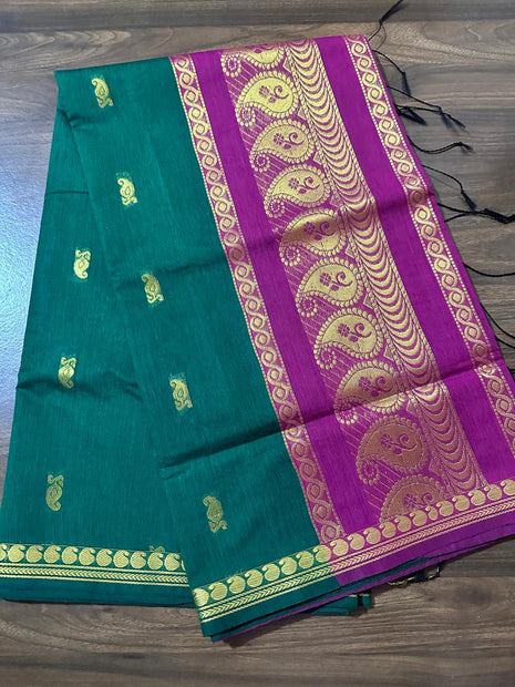 Luna Silk Cotton Saree - Green With Magenta With Gold Zari