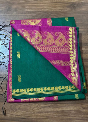 Luna Silk Cotton Saree - Green With Magenta With Gold Zari
