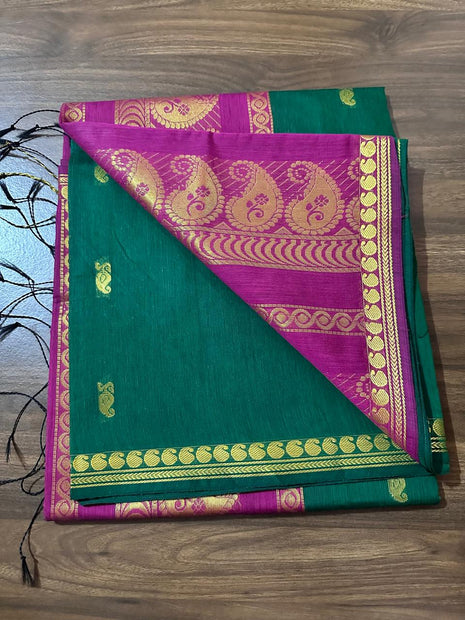 Luna Silk Cotton Saree - Green With Magenta With Gold Zari