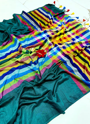 Premium Quality Mulmul cotton Saree - LT33 Peacock With Multicolor Stripes