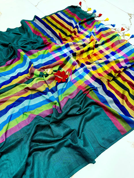 Premium Quality Mulmul cotton Saree - LT33 Peacock With Multicolor Stripes