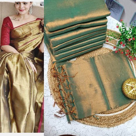 Premium Quality Raga Tissue  Soft Silk Saree - LTS161  Gold & Bottle Green dual tone