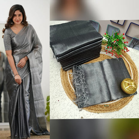 Premium Quality Raga Tissue  Soft Silk Saree - LTS153 Silver Grey