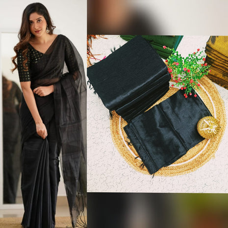 Premium Quality Raga Tissue  Soft Silk Saree - LTS154  Black