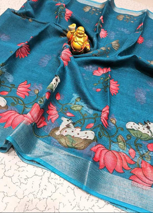 Original Linen Cotton sarees - LT61 Teal Blue