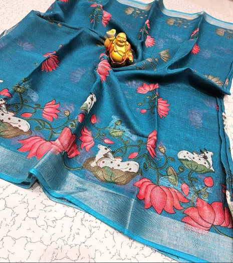 Original Linen Cotton sarees - LT61 Teal Blue