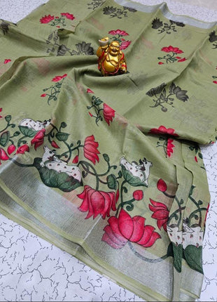 Original Linen Cotton saree - LT59 Olive Green