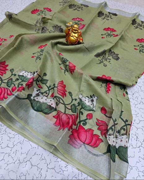 Original Linen Cotton saree - LT59 Olive Green