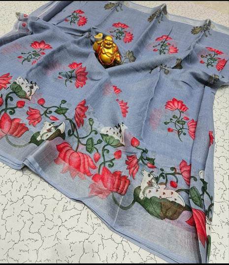 Original Linen Cotton sarees - LT56 Light Greyish Blue