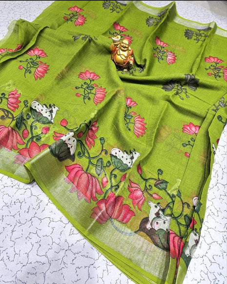 Original Linen Cotton sarees - LT52 Parrot Green