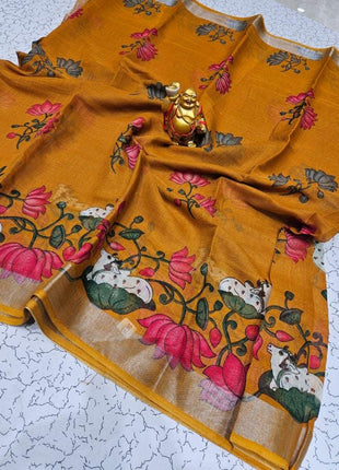 Original Linen Cotton sarees - LT51 Mustard Yellow