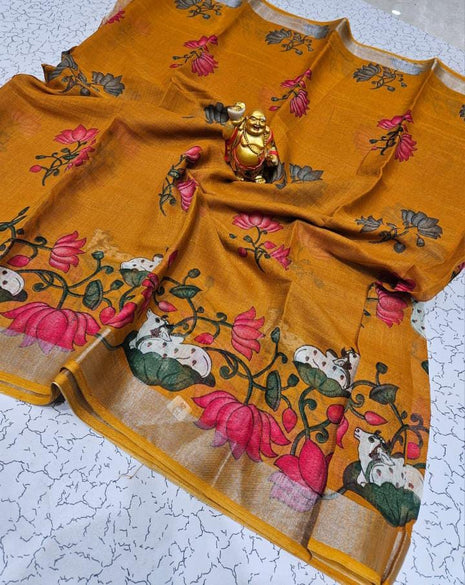 Original Linen Cotton sarees - LT51 Mustard Yellow