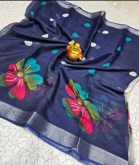 Original Linen Cotton sarees - LT44 Navy Blue